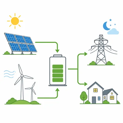 Solar and wind energy flow into a battery, then from the battery to the electric grid and homes.
