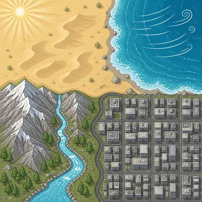 Map showing a sunny desert, windy coastline, mountain river, and dense flat urban area.