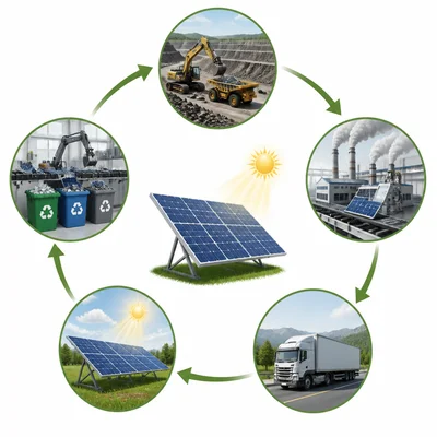 Life cycle diagram for solar energy showing extraction, manufacturing, transport, operation, and recycling or waste.