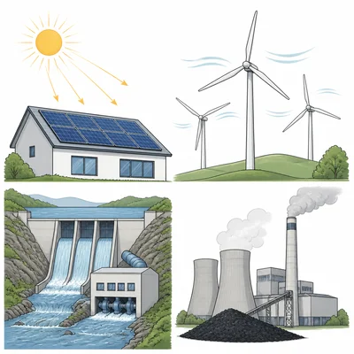 Diagram showing solar panels, wind turbines, a hydroelectric dam, and a coal power plant.