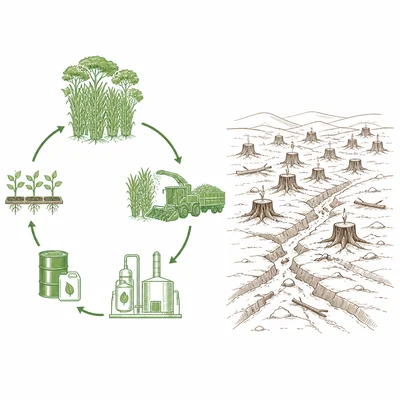 Biomass cycle with regrowing plants contrasted with an overharvested landscape.