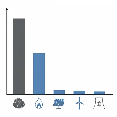 Bar graph comparing emissions, with coal highest, natural gas next, and solar, wind, and nuclear much lower.