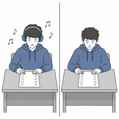 Two study conditions are shown: one student studies with music and another studies in silence before a quiz.