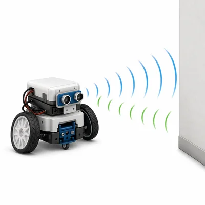 Robot using ultrasonic waves to detect a wall and turn left.