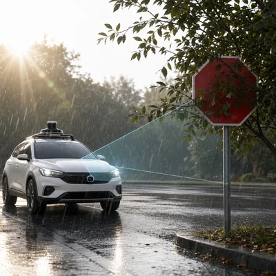 Robot car camera trying to recognize a partly obscured red stop sign in difficult conditions.