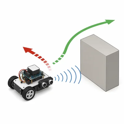 Robot using a distance sensor to avoid an obstacle by reversing or driving forward.