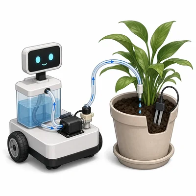 Plant-watering robot with soil sensor and water pump.