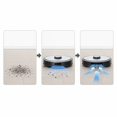 Robot vacuum sensing dust and increasing suction.