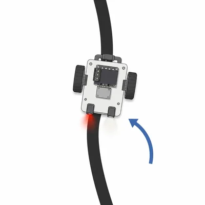 Line-following robot with left sensor on black line and right sensor on white floor.