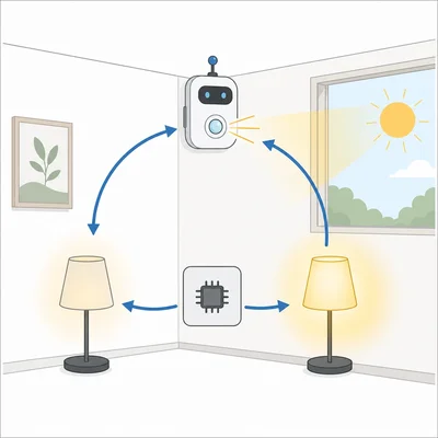 Feedback loop with light sensor controlling a lamp to keep room light steady.