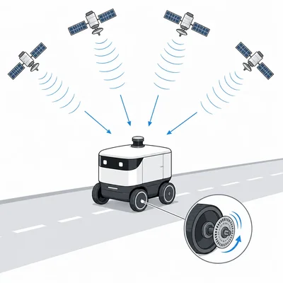 Delivery robot using satellite location signals and wheel encoder measurements.