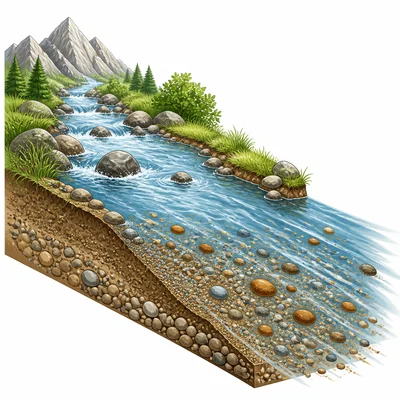 A stream carrying rock particles and sediment away.