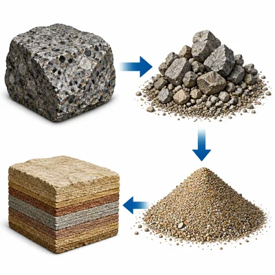 Igneous rock breaking into sediment and becoming layered sedimentary rock.