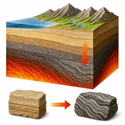 Sedimentary rock buried with heat and pressure becoming metamorphic rock.