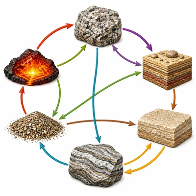 Rock cycle diagram with multiple branching paths between rock types.
