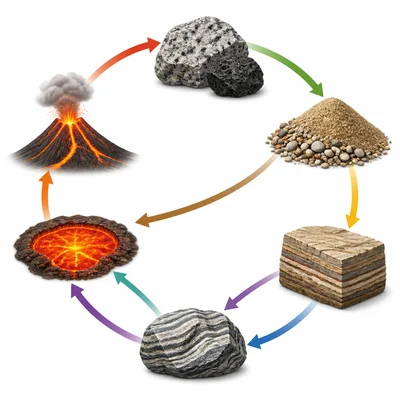 Circular diagram showing rocks changing through the rock cycle.