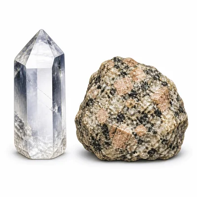 A crystal mineral beside a rough mixed-grain rock.
