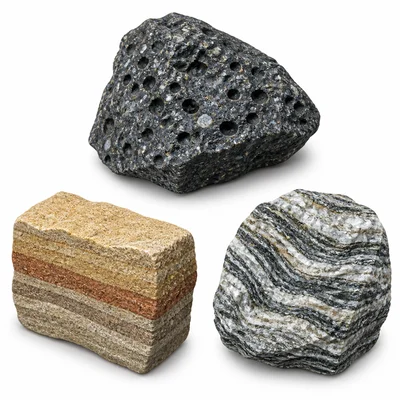 Three rock samples showing igneous, sedimentary, and metamorphic features.