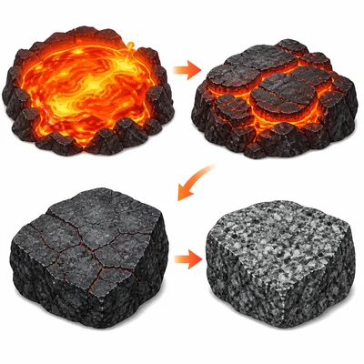 Molten rock cooling and hardening into solid igneous rock.