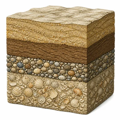 Layers of sand, mud, pebbles, and shells pressed into sedimentary rock.