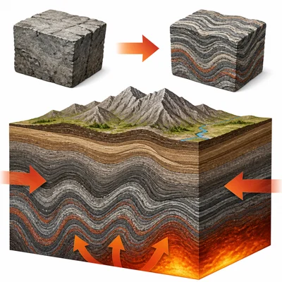 Rock underground changed by heat and pressure into wavy metamorphic rock.