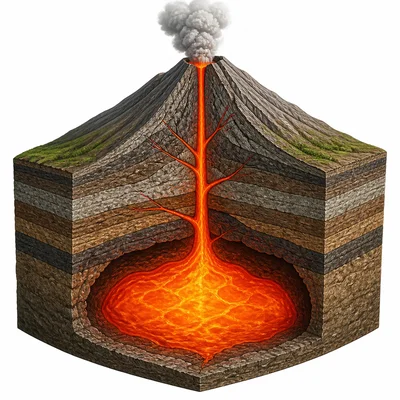 Magma shown as melted rock in an underground chamber beneath a volcano.