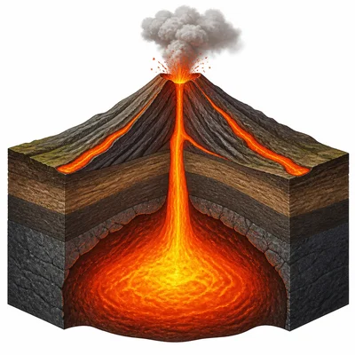 Melted rock underground and lava flowing above the surface from a volcano.