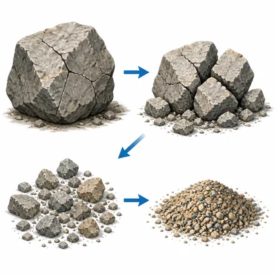 Weathering breaks a cracked rock into smaller pieces.
