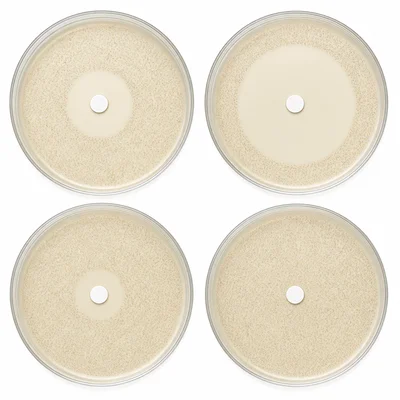 Four agar plates show bacterial growth, with three disinfectant disks creating clear zones and one control plate showing no clear zone.