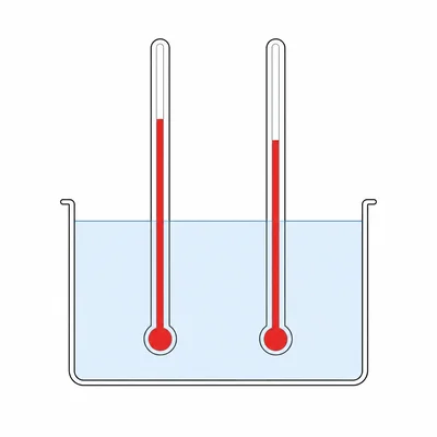 Two thermometers in the same water bath show one liquid column slightly higher than the other.