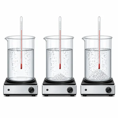 Three identical boiling water setups show different amounts of salt added, each with a thermometer.