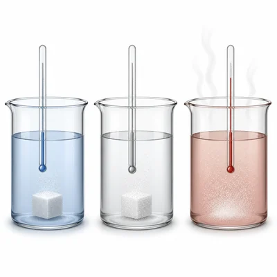 Three beakers with thermometers show sugar cubes dissolving in cool, room-temperature, and warm water.