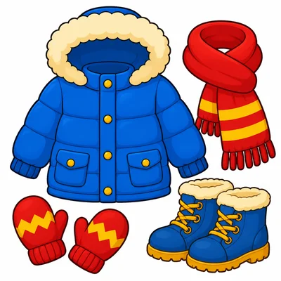 Warm winter clothes with coat, mittens, scarf, and boots.
