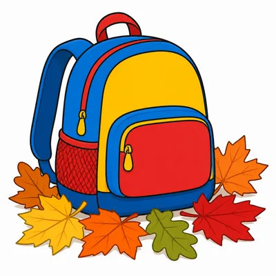 A school backpack surrounded by fall leaves.