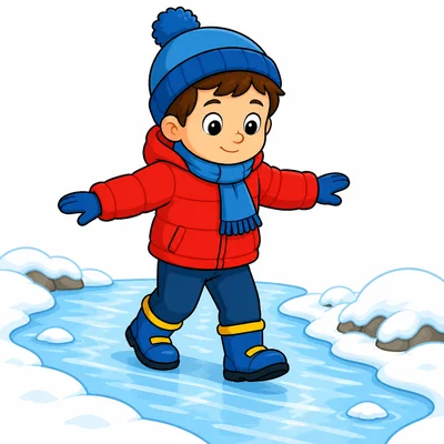 A child walking carefully on an icy snowy path.
