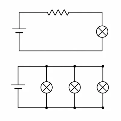 Two circuit diagrams: one single-loop series circuit and one multi-branch parallel circuit.