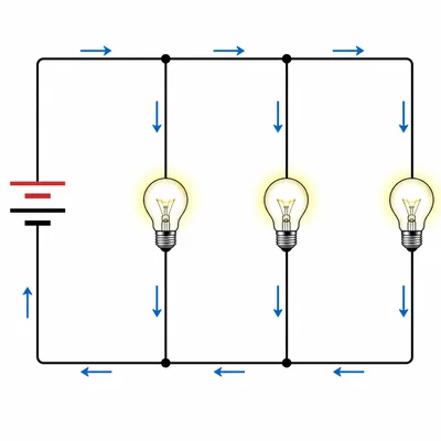 A parallel circuit with multiple branches showing current has several paths.