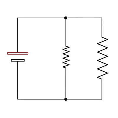A battery connected to two parallel resistors of different sizes.