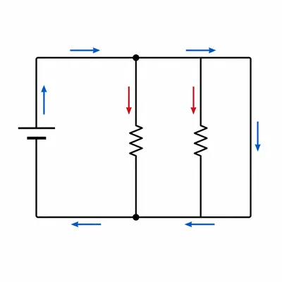 A two-branch parallel resistor circuit showing branch currents recombining as total current.
