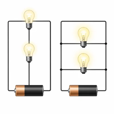 Side-by-side bulb circuits showing series bulbs dimmer and parallel bulbs brighter.