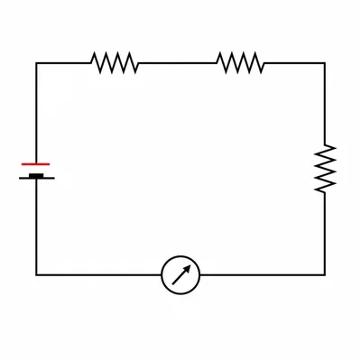 A series circuit with a battery, three resistors, and a current meter in the single loop.