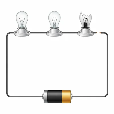 A series bulb circuit with one burned-out bulb breaking the single path so all bulbs are off.