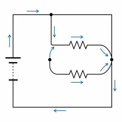 A two-branch parallel circuit showing branch currents combining into the battery current.