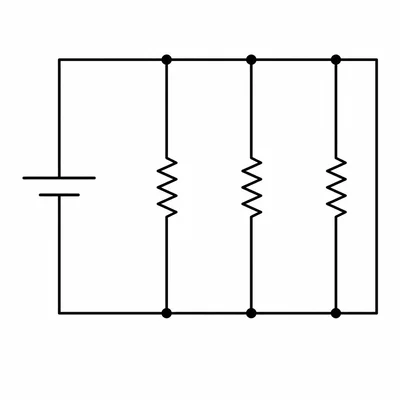 Three identical resistors connected in parallel to a battery.