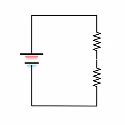A battery connected to two different resistors in series with one current path.
