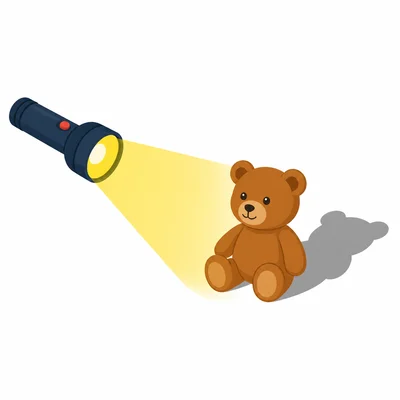 A flashlight shines on a teddy bear, making a shadow behind it.