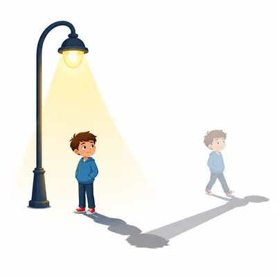 A child near a streetlight has a shadow on the ground.