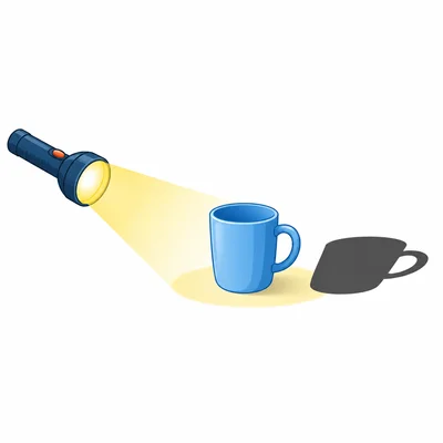 A flashlight shines on a cup and makes a shadow behind it.