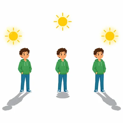 Three sun positions create short and long shadows for a person.