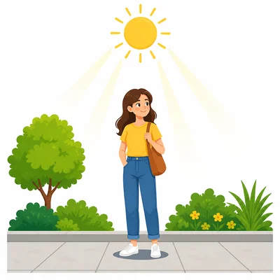 A high overhead sun makes a person’s shadow short.